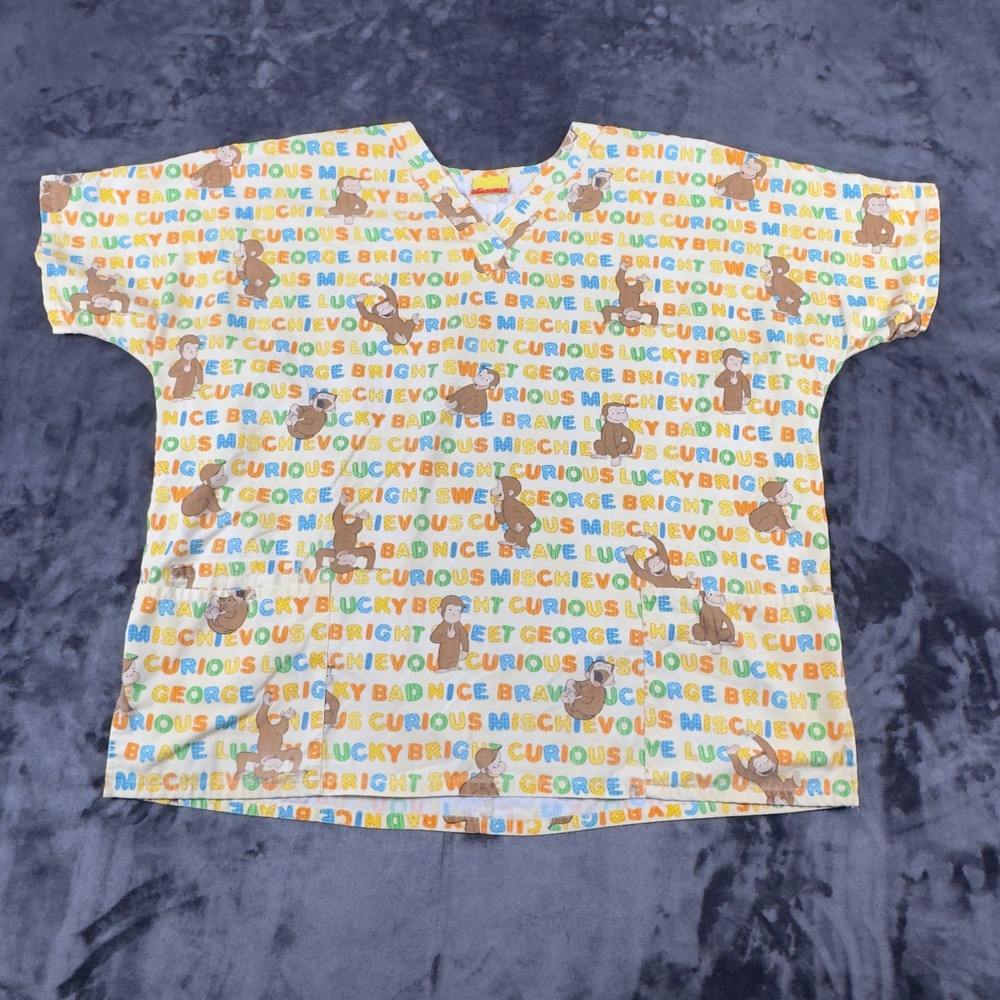 Curious George Scrub Top Womens XXL Yellow All Over Print V-Neck Pockets